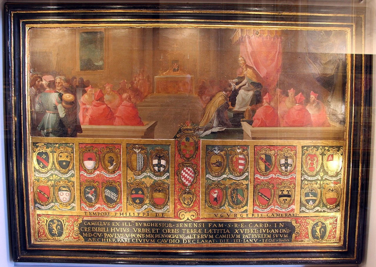 Paolo V consacra arcivescovo di Siena suo sugino Camillo Borghese. Tavolette di Biccherna, Siena